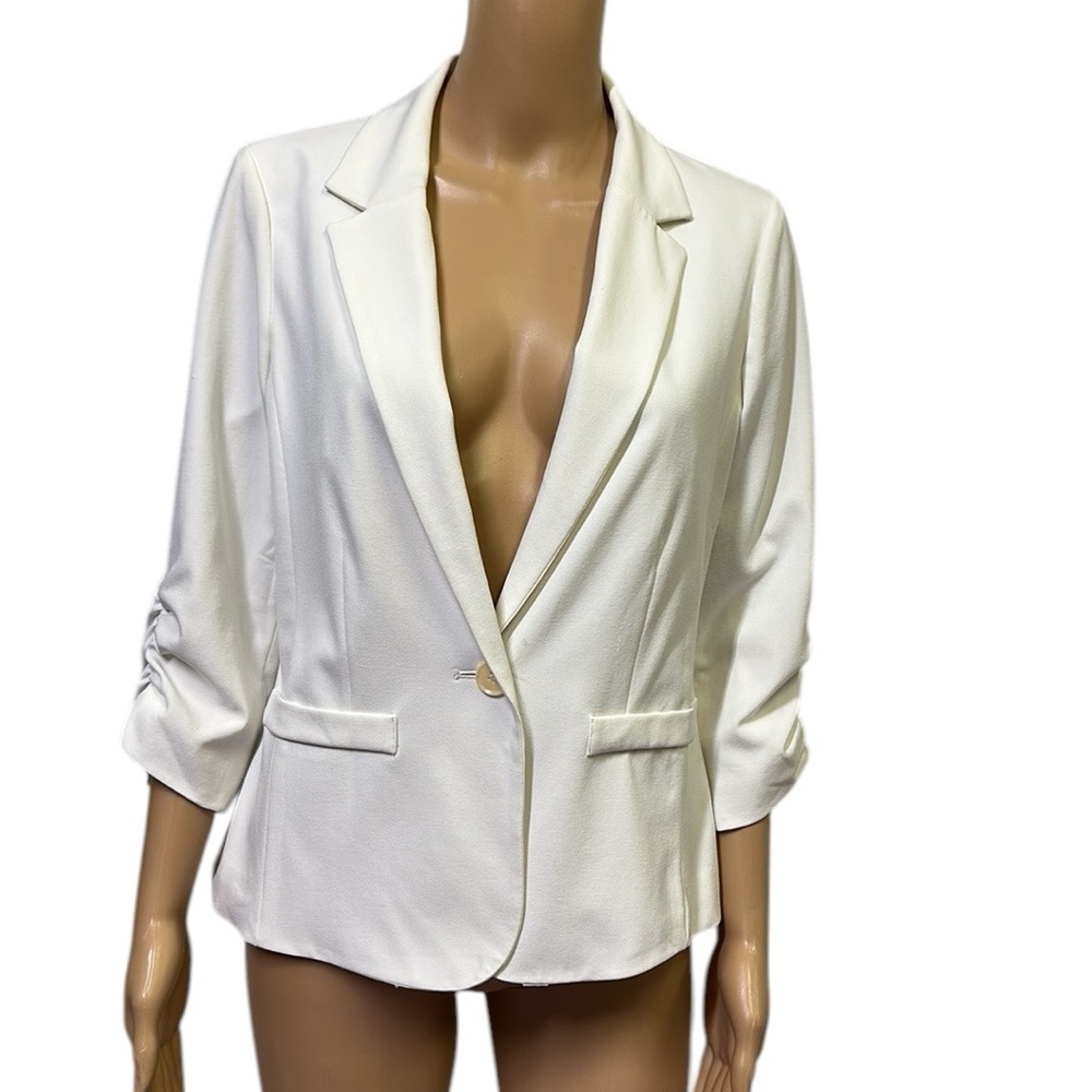 Eliza J 3 Quarter Ruched Sleeve One Button Faux Pocket Blazer Jacket Womens M